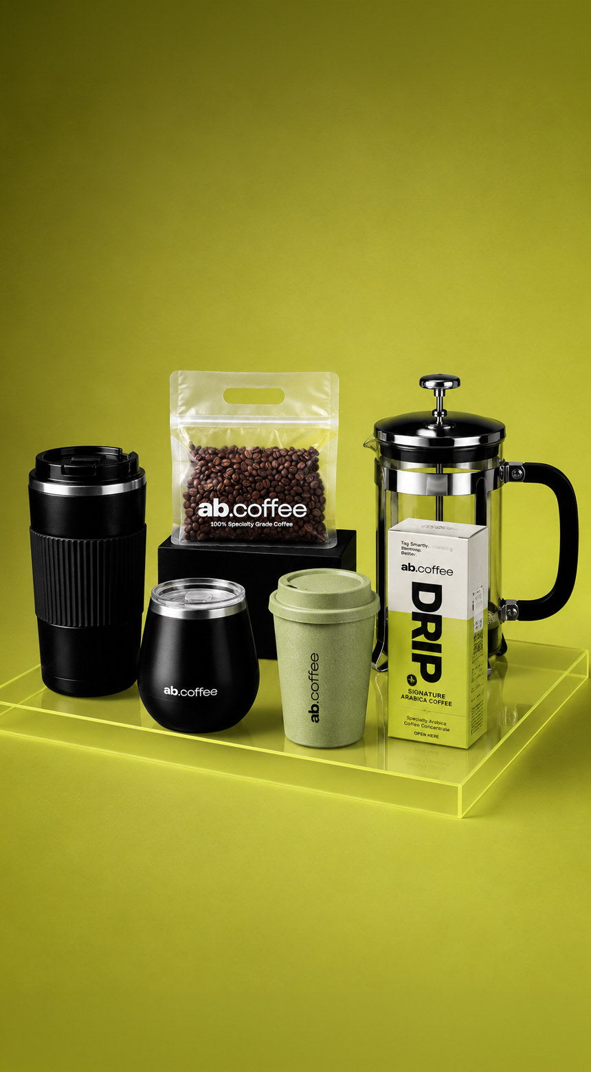 Coffee beans and merch arranged for the abcoffee shop