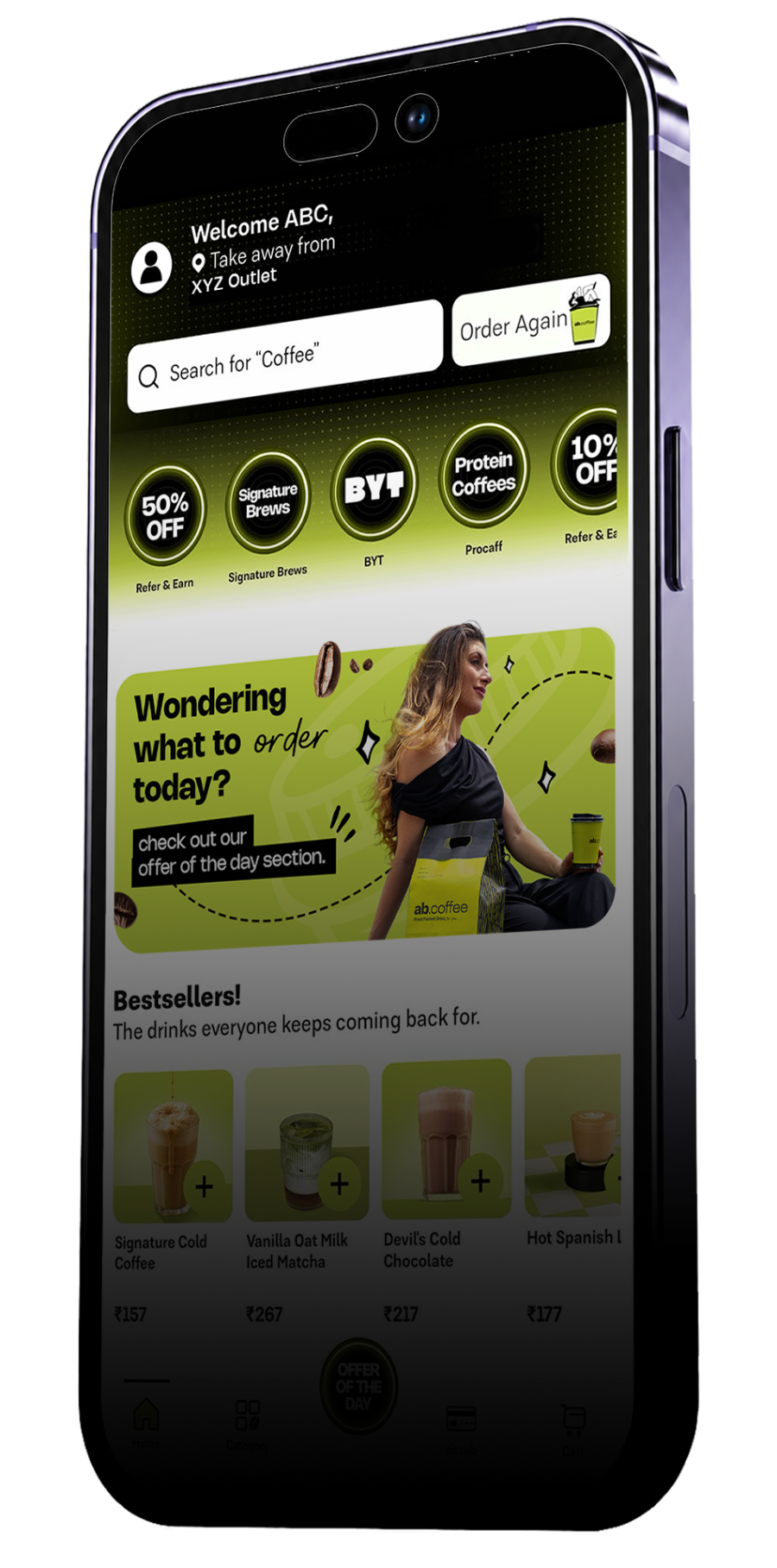 The abcoffee app home screen