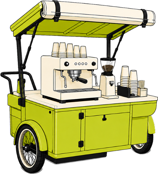 Illustration of a compact mobile coffee cart