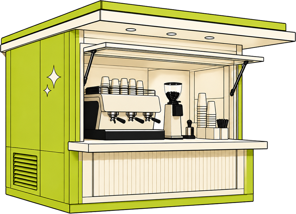 Illustration of a modular walk-up coffee kiosk