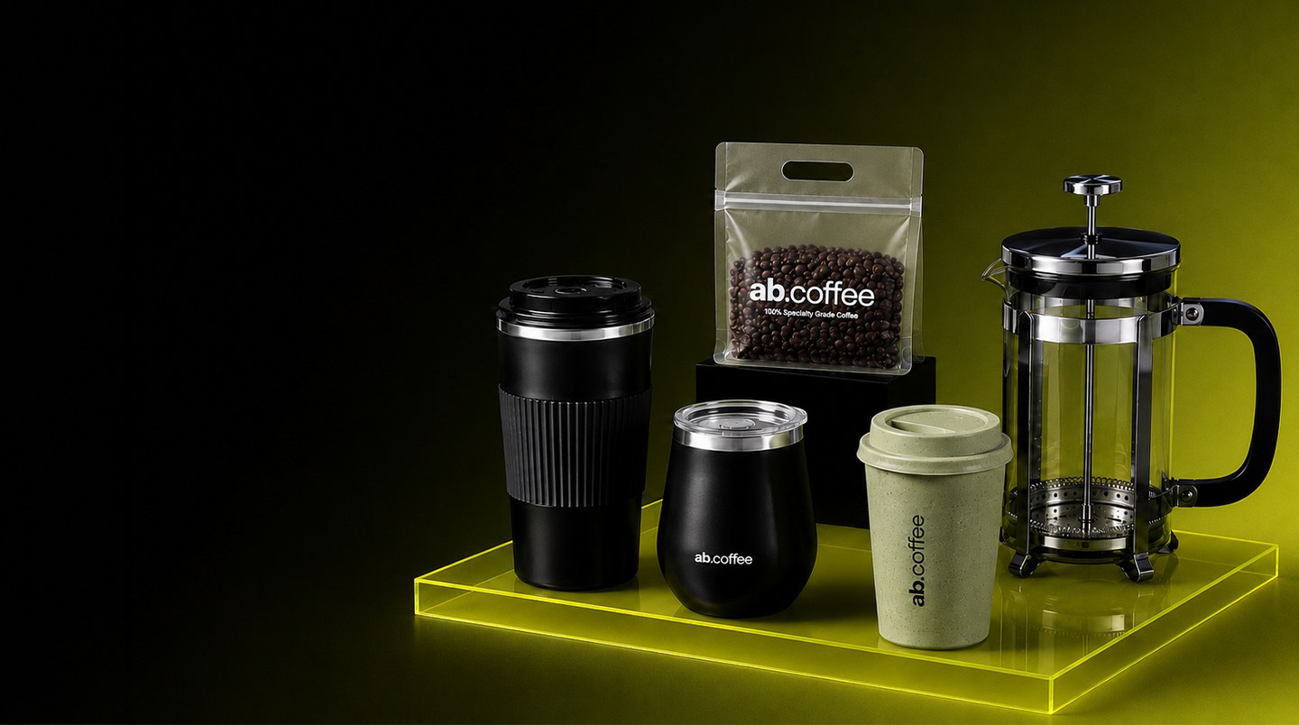 Coffee beans and merch arranged for the abcoffee shop