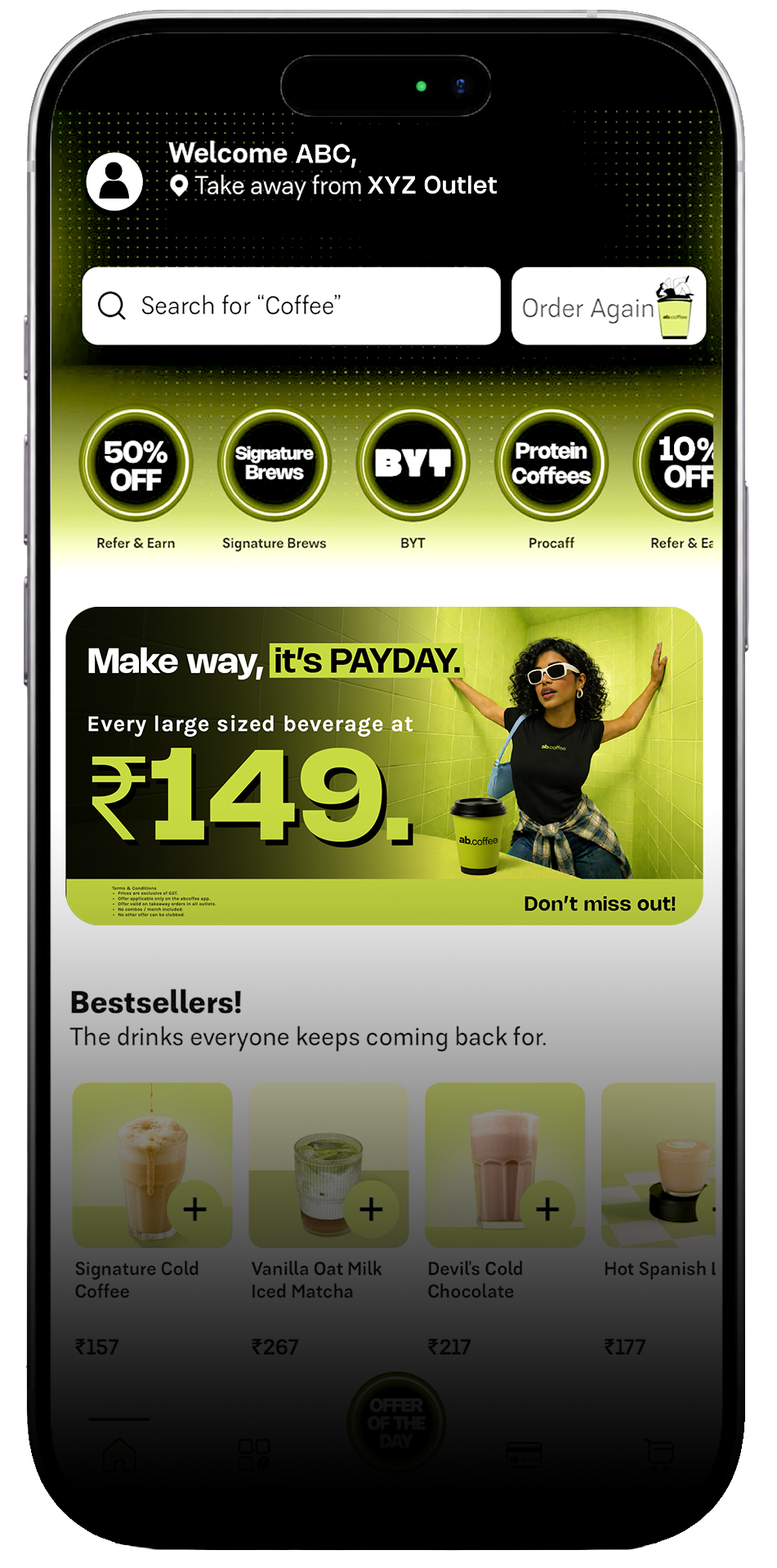 The abcoffee app home screen